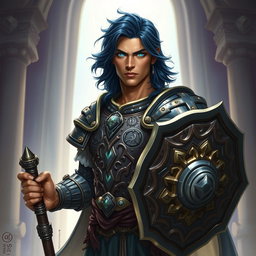 A male aasimar cleric illustrated with radiant bronze skin, exuding a divine aura