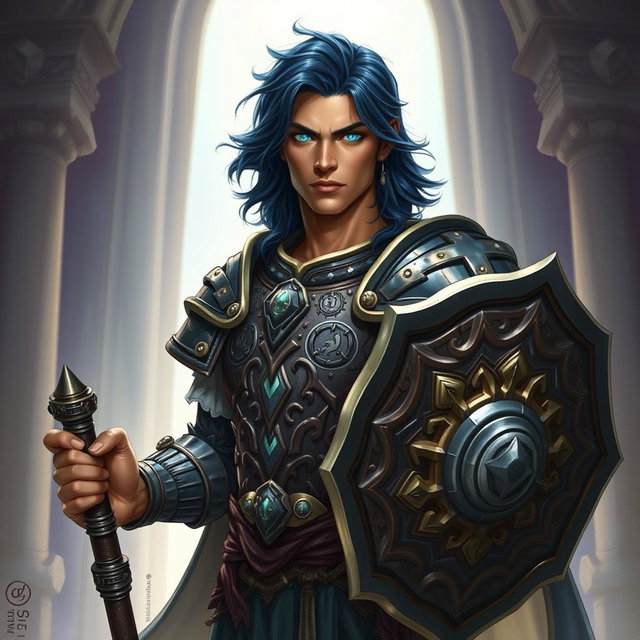 A male aasimar cleric illustrated with radiant bronze skin, exuding a divine aura