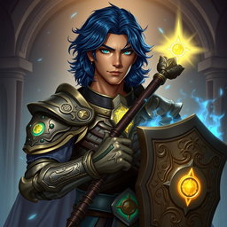 A male aasimar cleric illustrated with radiant bronze skin, exuding a divine aura