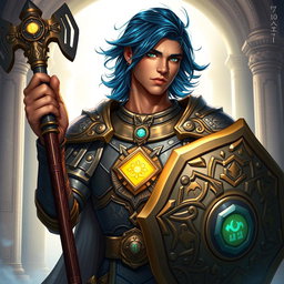 A male aasimar cleric illustrated with radiant bronze skin, exuding a divine aura