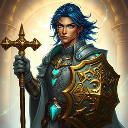 A male aasimar cleric illustrated with radiant bronze skin, exuding a divine aura