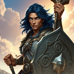 A male aasimar cleric with radiant bronze skin, embodying a celestial presence
