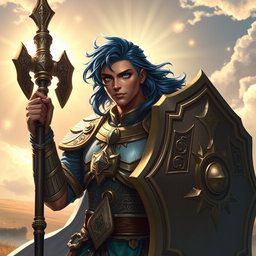 A male aasimar cleric with radiant bronze skin, embodying a celestial presence