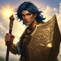 A male aasimar cleric with radiant bronze skin, embodying a celestial presence