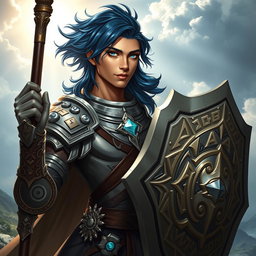 A male aasimar cleric with radiant bronze skin, embodying a celestial presence