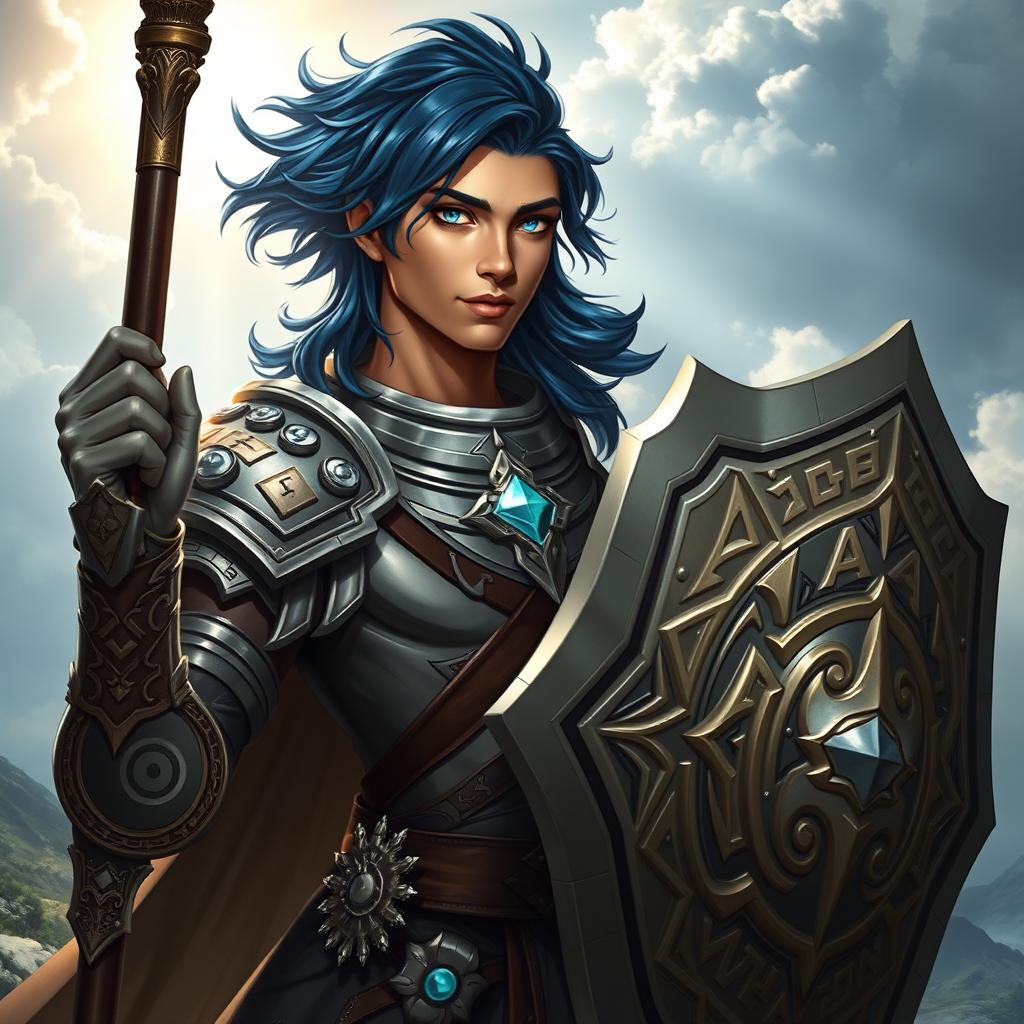 A male aasimar cleric with radiant bronze skin, embodying a celestial presence