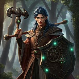 A male aasimar cleric with bronze skin, dark blue hair, and ghostly green eyes stands confidently, wielding a flail and a shield