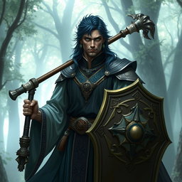 A male aasimar cleric with bronze skin, dark blue hair, and ghostly green eyes stands confidently, wielding a flail and a shield