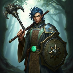 A male aasimar cleric with bronze skin, dark blue hair, and ghostly green eyes stands confidently, wielding a flail and a shield