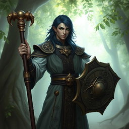 A male aasimar cleric with bronze skin, dark blue hair, and ghostly green eyes stands confidently, wielding a flail and a shield