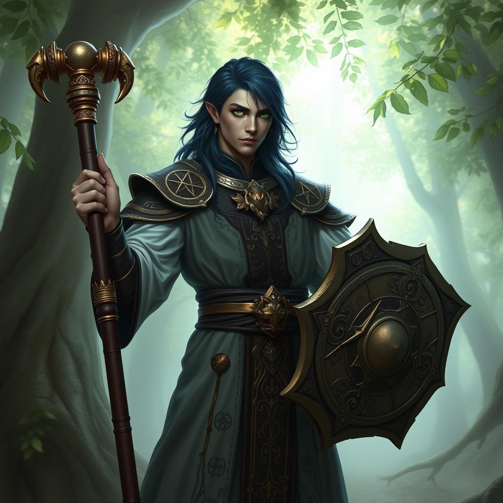 A male aasimar cleric with bronze skin, dark blue hair, and ghostly green eyes stands confidently, wielding a flail and a shield