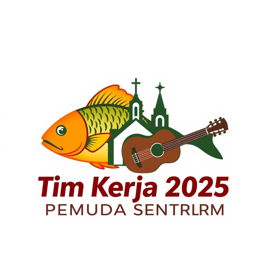 A relevant logo design for "Tim Kerja 2025 PEMUDA SENTRUM BITUNG", creatively incorporating a fish, a church, and a guitar into a cohesive and modern square composition