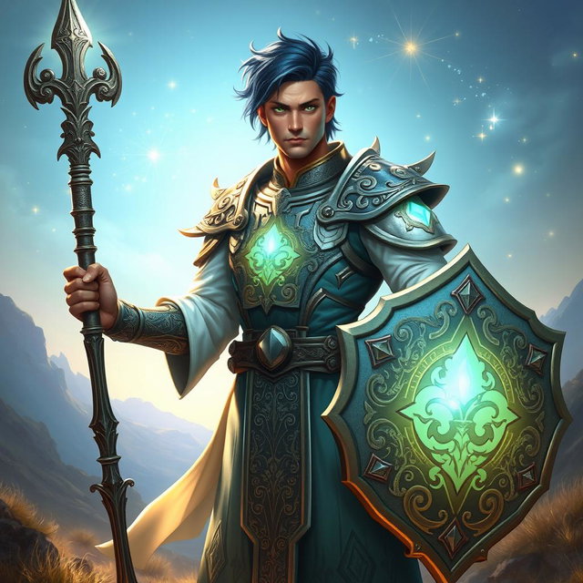 A male aasimar cleric with bronze skin, dark blue hair, and ghostly green eyes stands proudly, wielding a flail in one hand and a shield in the other