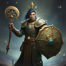 A male aasimar cleric with bronze skin, dark blue hair, and ghostly green eyes stands proudly, wielding a flail in one hand and a shield in the other