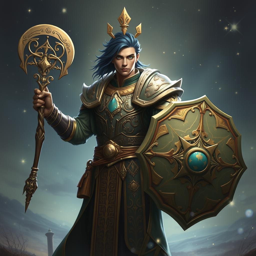 A male aasimar cleric with bronze skin, dark blue hair, and ghostly green eyes stands proudly, wielding a flail in one hand and a shield in the other