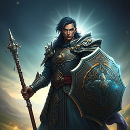 A male aasimar cleric with bronze skin, dark blue hair, and ghostly green eyes stands proudly, wielding a flail in one hand and a shield in the other