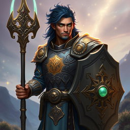 A male aasimar cleric with bronze skin, dark blue hair, and ghostly green eyes stands proudly, wielding a flail in one hand and a shield in the other