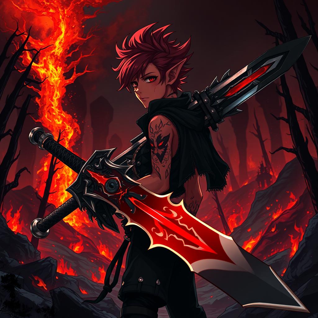 A fantasy anime scene featuring a short male tiefling warlock with red skin and an emo hairstyle