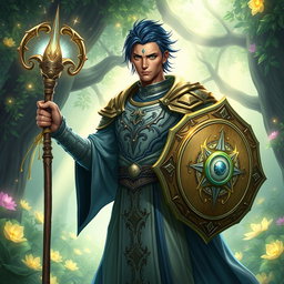 A male aasimar cleric with bronze skin, dark blue hair, and ghostly green eyes stands assertively in a lush, enchanted setting
