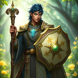 A male aasimar cleric with bronze skin, dark blue hair, and ghostly green eyes stands assertively in a lush, enchanted setting