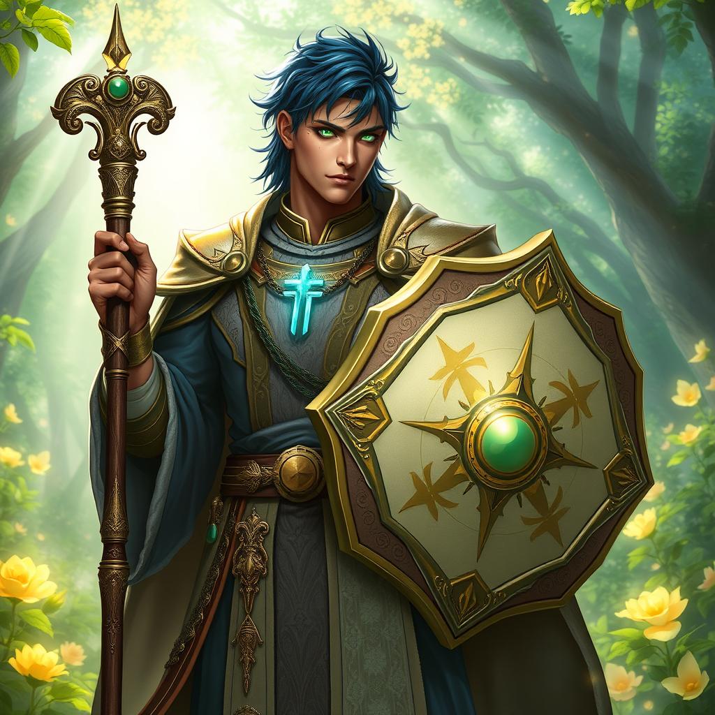 A male aasimar cleric with bronze skin, dark blue hair, and ghostly green eyes stands assertively in a lush, enchanted setting