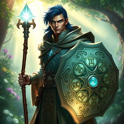 A male aasimar cleric with bronze skin, dark blue hair, and ghostly green eyes stands assertively in a lush, enchanted setting