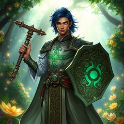 A male aasimar cleric with bronze skin, dark blue hair, and ghostly green eyes stands assertively in a lush, enchanted setting