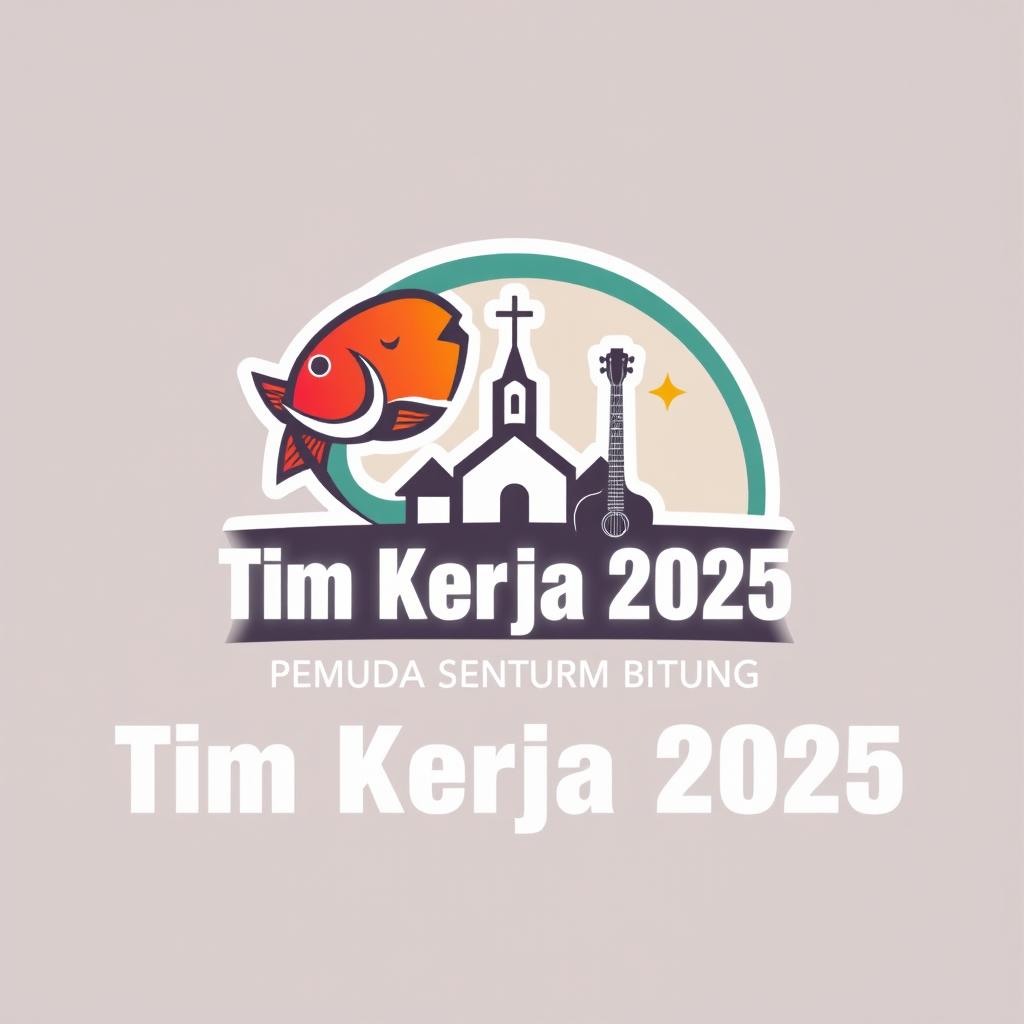 A logo design for "Tim Kerja 2025 PEMUDA SENTRUM BITUNG" that incorporates a fish, a church, and a guitar, all within a cohesive square layout