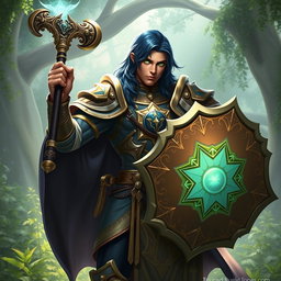 A male aasimar cleric with stunning bronze skin, dark blue hair cascading down his shoulders, and striking ghostly green eyes stands heroically, brandishing a flail in one hand and a beautifully crafted shield in the other