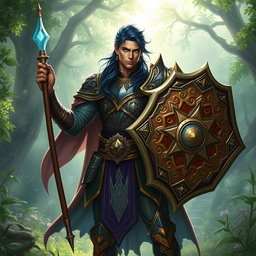 A male aasimar cleric with stunning bronze skin, dark blue hair cascading down his shoulders, and striking ghostly green eyes stands heroically, brandishing a flail in one hand and a beautifully crafted shield in the other