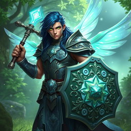 A male aasimar cleric with stunning bronze skin, dark blue hair cascading down his shoulders, and striking ghostly green eyes stands heroically, brandishing a flail in one hand and a beautifully crafted shield in the other