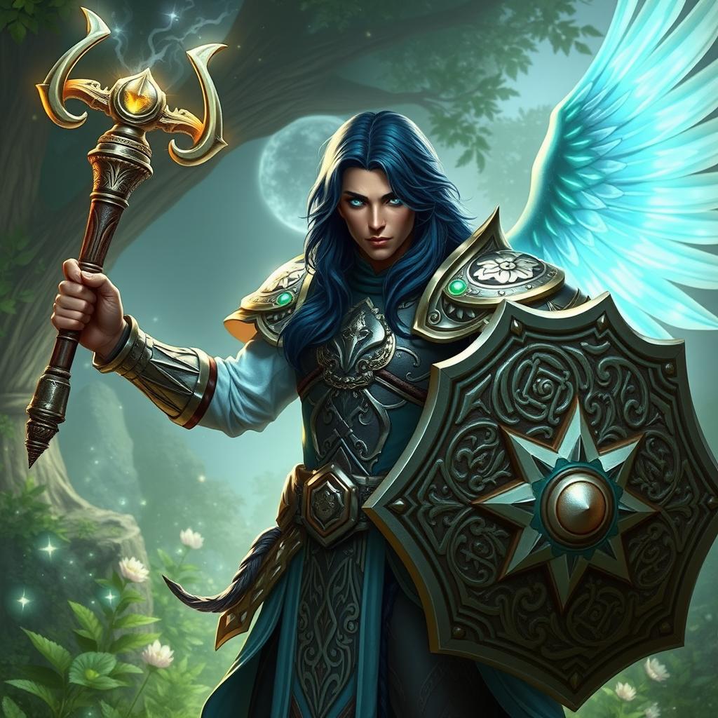A male aasimar cleric with stunning bronze skin, dark blue hair cascading down his shoulders, and striking ghostly green eyes stands heroically, brandishing a flail in one hand and a beautifully crafted shield in the other