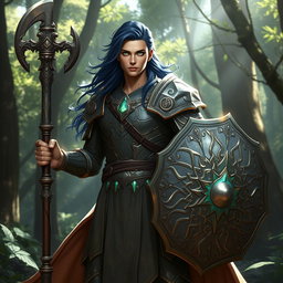 A male aasimar cleric with radiant bronze skin, flowing dark blue hair, and captivating ghostly green eyes stands confidently in an enchanting forest setting