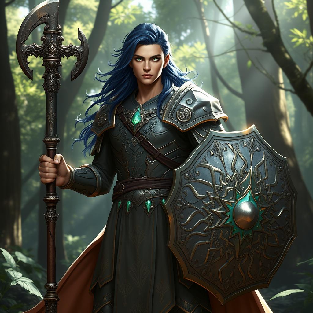 A male aasimar cleric with radiant bronze skin, flowing dark blue hair, and captivating ghostly green eyes stands confidently in an enchanting forest setting