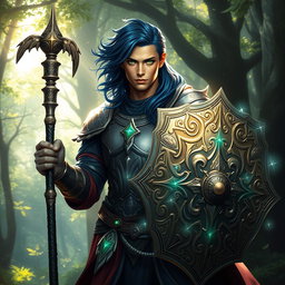 A male aasimar cleric with radiant bronze skin, flowing dark blue hair, and captivating ghostly green eyes stands confidently in an enchanting forest setting