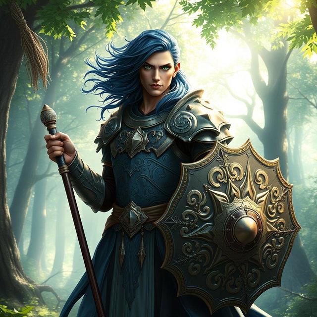 A male aasimar cleric with radiant bronze skin, flowing dark blue hair, and captivating ghostly green eyes stands confidently in an enchanting forest setting