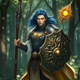 A male aasimar cleric with radiant bronze skin, flowing dark blue hair, and captivating ghostly green eyes stands confidently in an enchanting forest setting