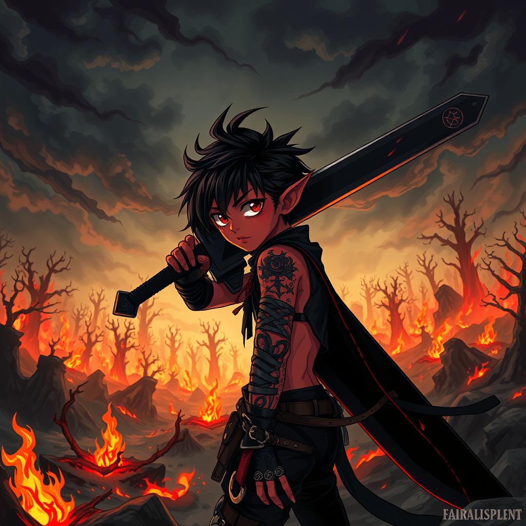 A fantasy anime scene featuring a short boy tiefling warlock with striking red skin and an emo hairstyle