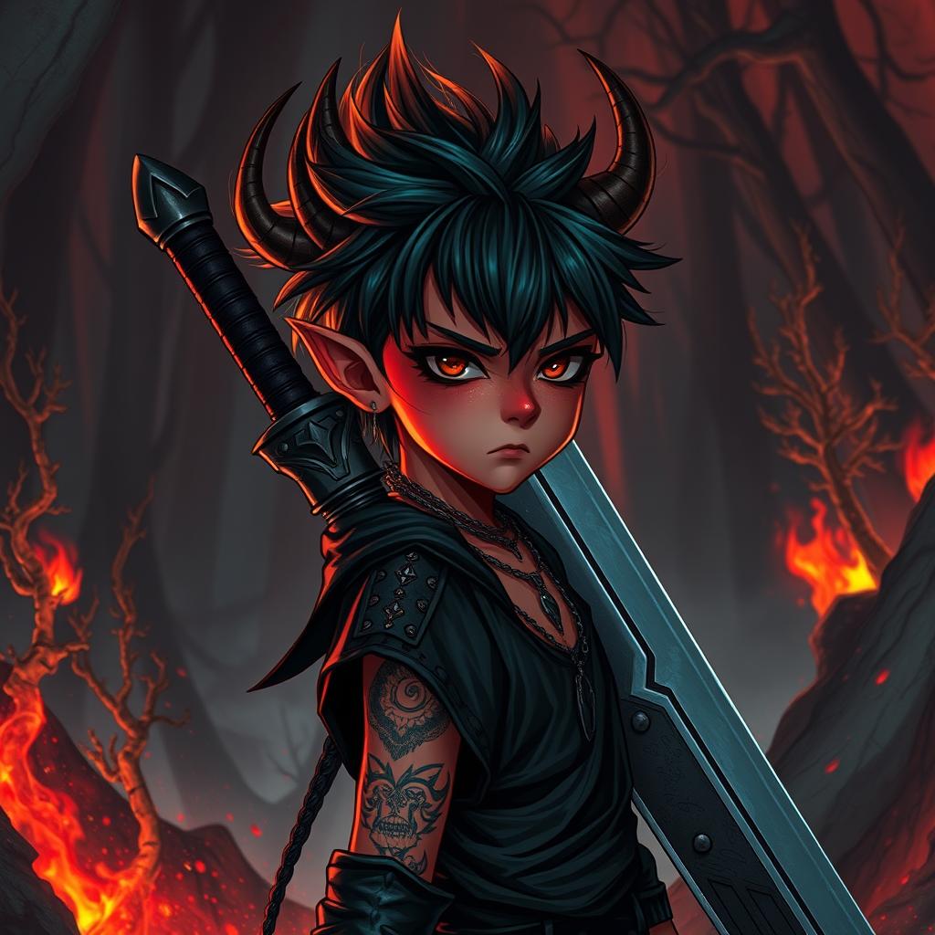 A fantasy anime tiefling warlock portrayed as a short boy with an emo hairstyle and striking red skin