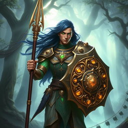 A male aasimar cleric with radiant bronze skin, flowing dark blue hair, and mesmerizing ghostly green eyes stands boldly in a mystical landscape
