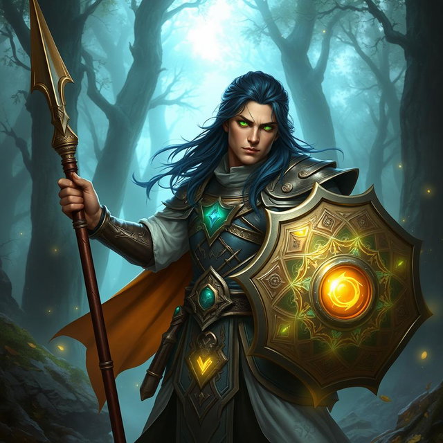 A male aasimar cleric with radiant bronze skin, flowing dark blue hair, and mesmerizing ghostly green eyes stands boldly in a mystical landscape