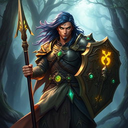 A male aasimar cleric with radiant bronze skin, flowing dark blue hair, and mesmerizing ghostly green eyes stands boldly in a mystical landscape