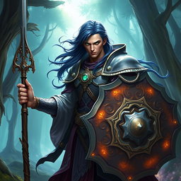 A male aasimar cleric with radiant bronze skin, flowing dark blue hair, and mesmerizing ghostly green eyes stands boldly in a mystical landscape