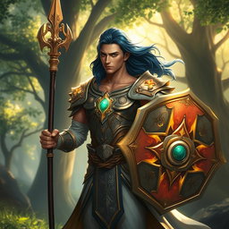 A male aasimar cleric with radiant bronze skin, elegant dark blue hair that flows gracefully, and enchanting ghostly green eyes stands confidently, wielding a beautifully crafted spear in one hand and an intricately designed shield in the other