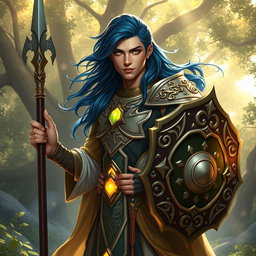 A male aasimar cleric with radiant bronze skin, elegant dark blue hair that flows gracefully, and enchanting ghostly green eyes stands confidently, wielding a beautifully crafted spear in one hand and an intricately designed shield in the other