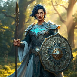 A male aasimar cleric with radiant bronze skin, elegant dark blue hair that flows gracefully, and enchanting ghostly green eyes stands confidently, wielding a beautifully crafted spear in one hand and an intricately designed shield in the other