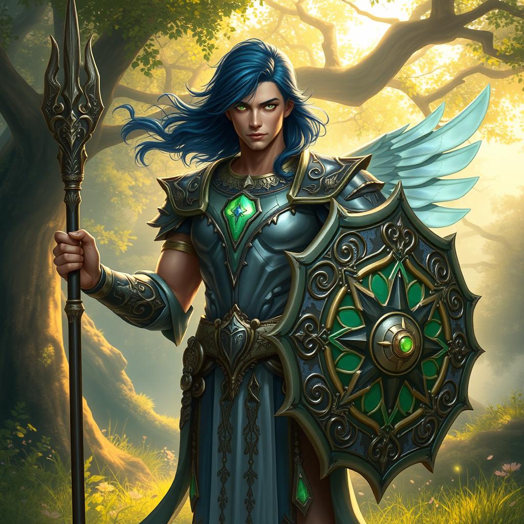 A male aasimar cleric with radiant bronze skin, elegant dark blue hair that flows gracefully, and enchanting ghostly green eyes stands confidently, wielding a beautifully crafted spear in one hand and an intricately designed shield in the other