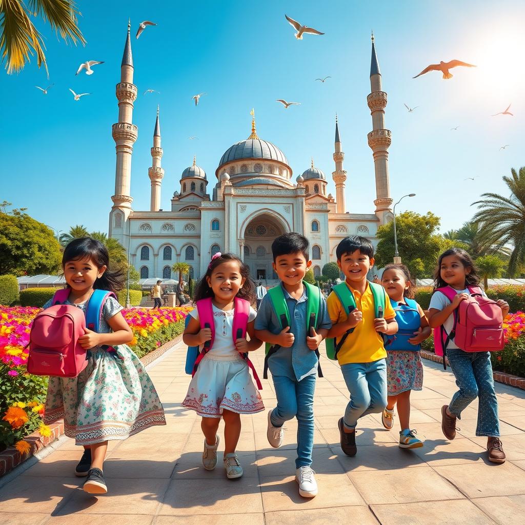 A group of children carrying colorful backpacks, excitedly walking together towards a beautifully decorated mosque