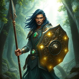 A male aasimar cleric with radiant bronze skin, flowing dark blue hair, and striking ghostly green eyes stands heroically in a lush magical landscape