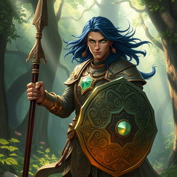 A male aasimar cleric with radiant bronze skin, flowing dark blue hair, and striking ghostly green eyes stands heroically in a lush magical landscape